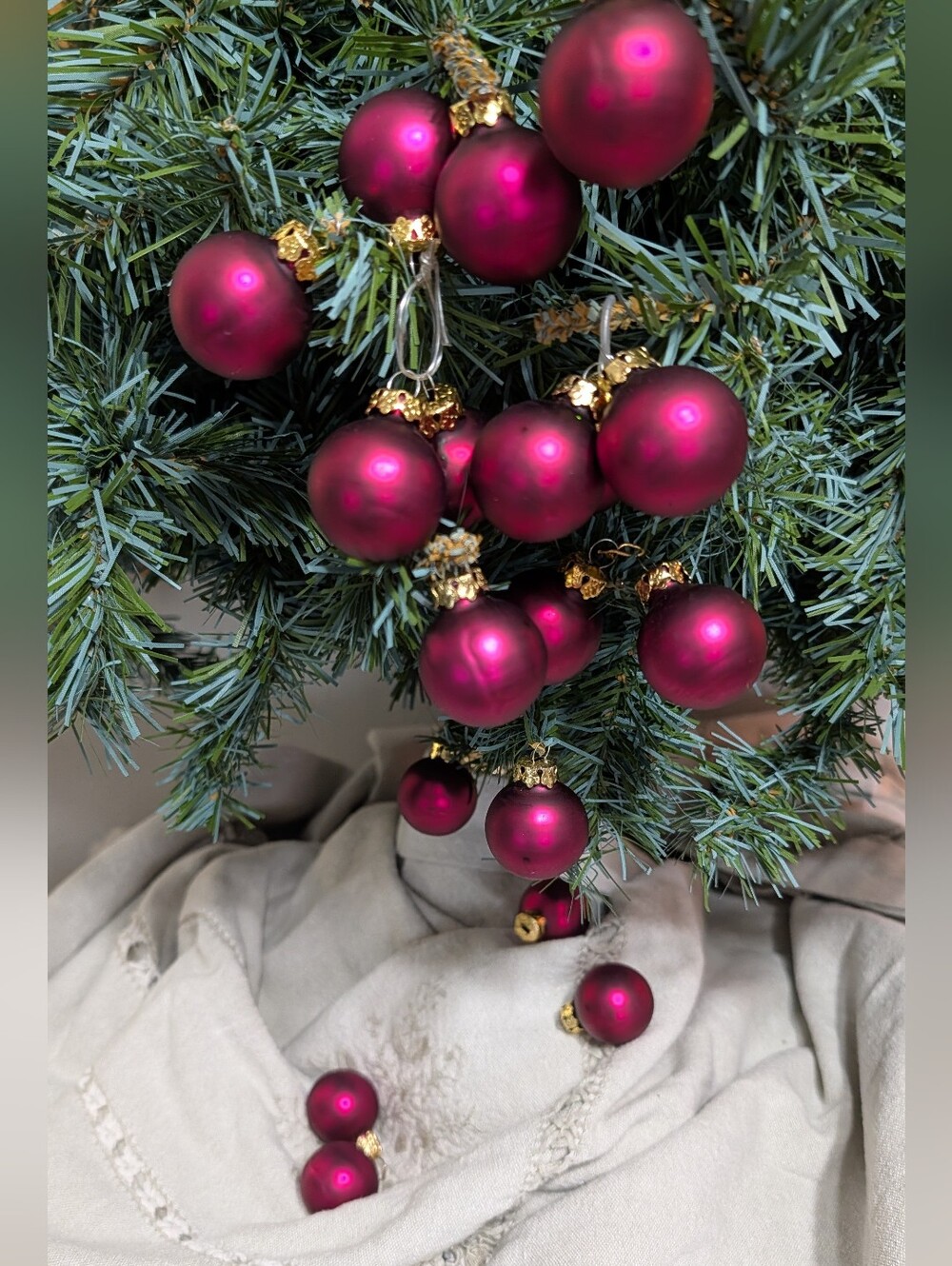 Mini 1 Inch Glass Ornaments Lot Of 18 Wineberry Red Satin Finish Gold Christmas